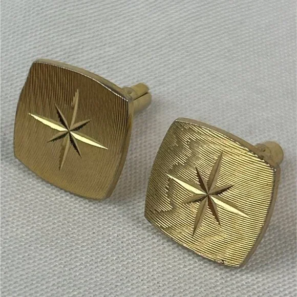 Vintage Gold Tone Starburst Cufflinks Square Design Mens Accessories - Picture 7 of 7